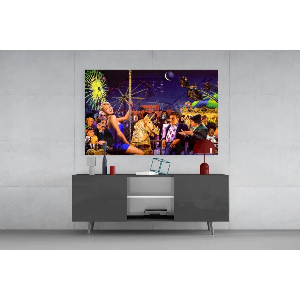 Blonde woman on golden carousel horse in vibrant carnival glass wall art
