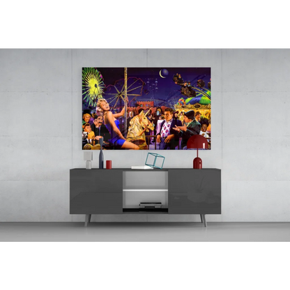 Blonde woman on golden carousel horse in vibrant carnival glass wall art
