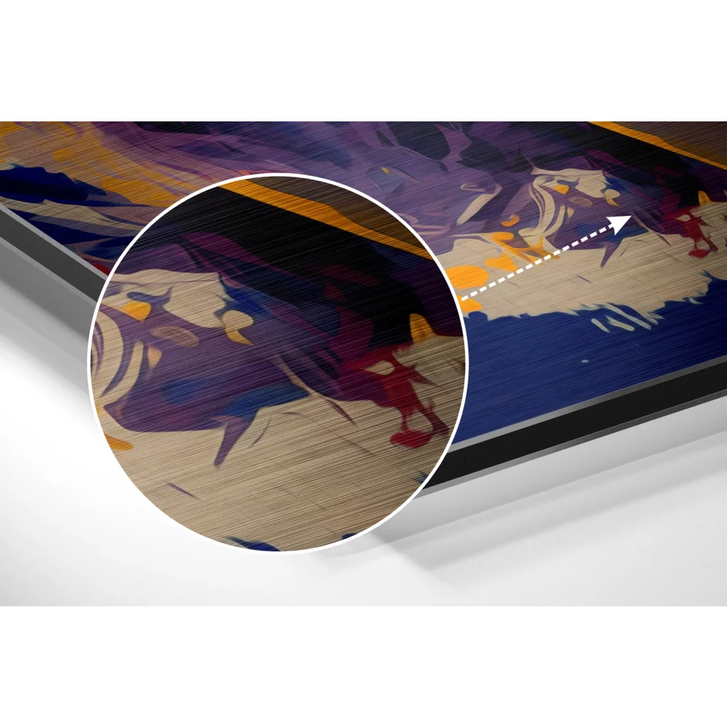 Vibrant abstract art print on brushed aluminium dibond, purple blue yellow strokes