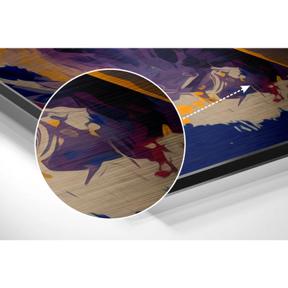 Vibrant abstract art print on brushed aluminium dibond, purple blue yellow strokes