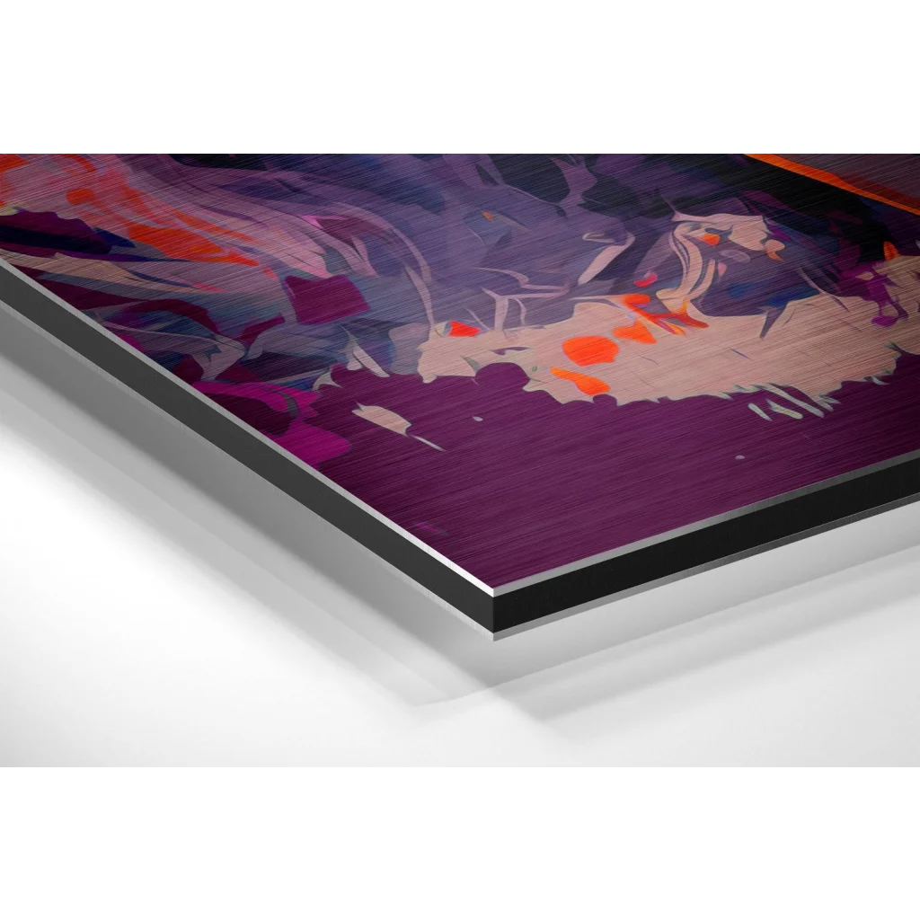 Vibrant pop art print on brushed aluminium dibond with purple orange strokes
