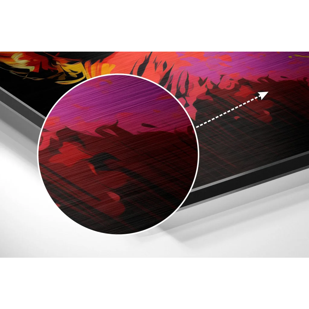 Vibrant abstract art print on brushed aluminium dibond with bold reds and purples