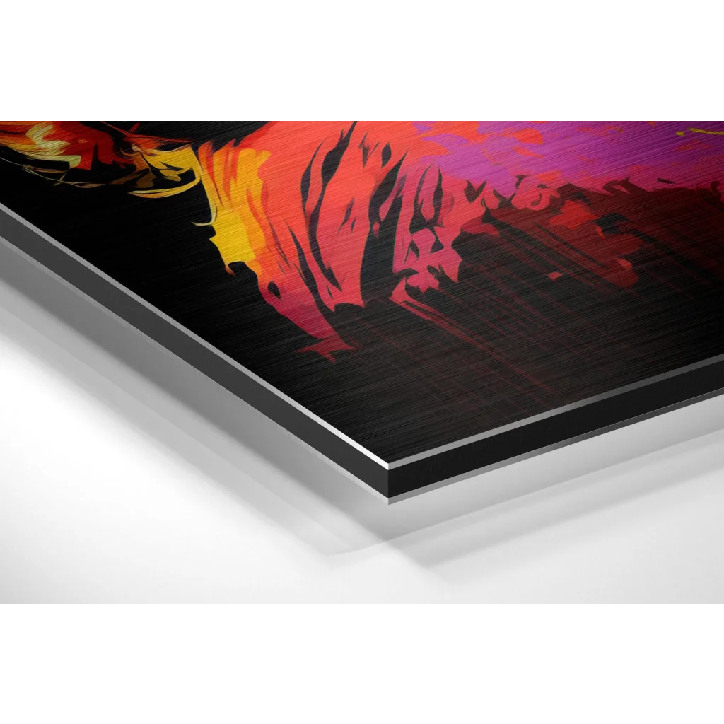 Vibrant abstract art print on brushed aluminium dibond with fiery strokes