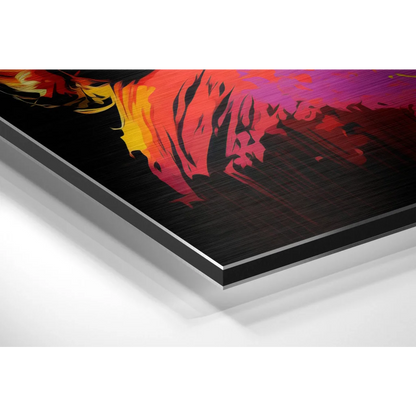 Vibrant abstract art print on brushed aluminium dibond with fiery strokes