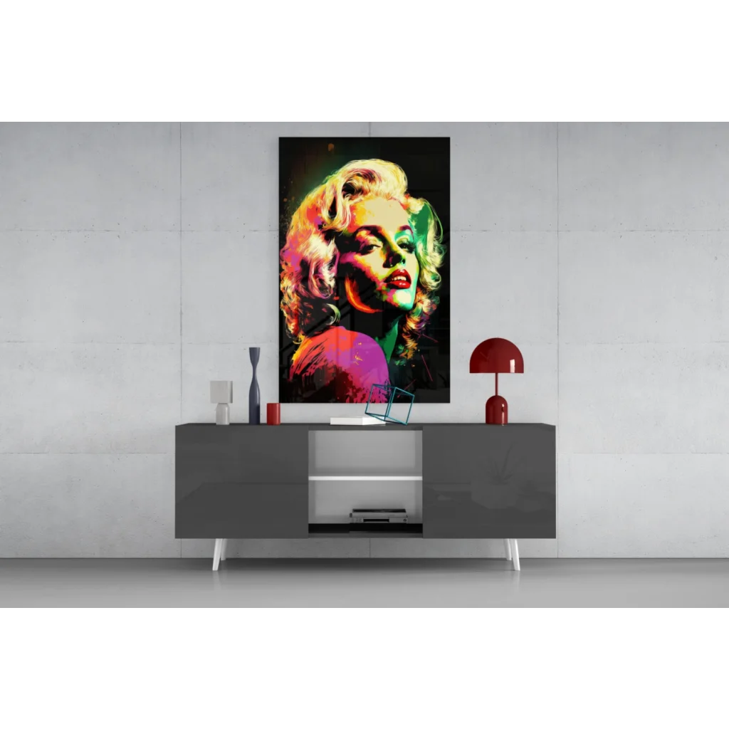 Vibrant neon Marilyn Monroe pop art on glass wall