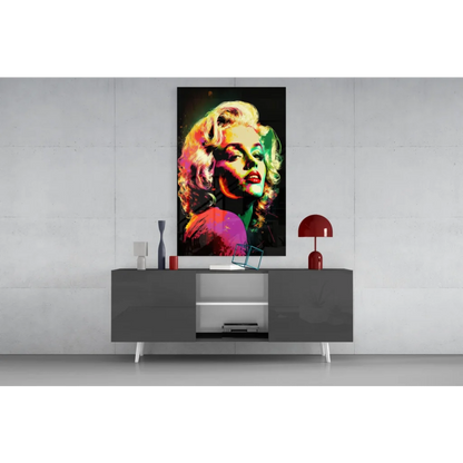 Vibrant neon Marilyn Monroe pop art on glass wall