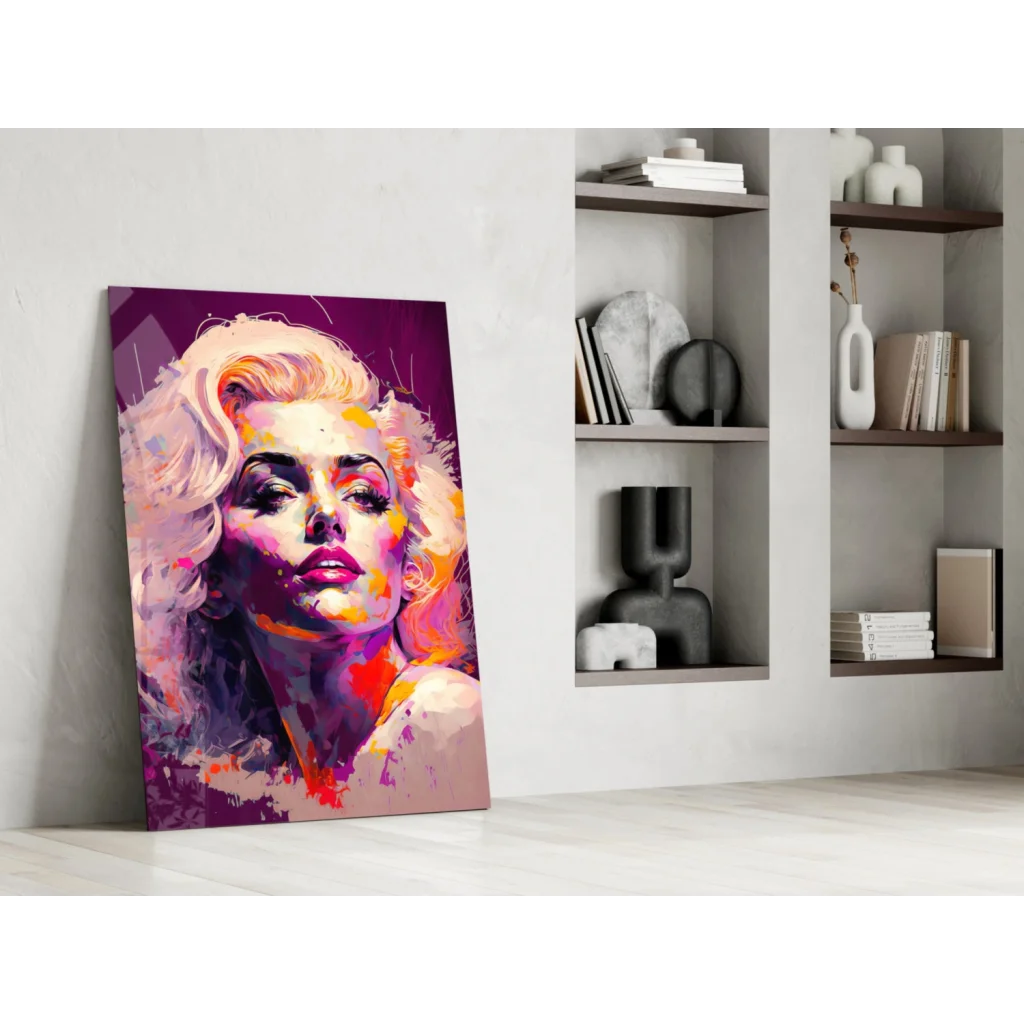 Vibrant pop-art glass wall art of Marilyn Monroe in purple, orange, pink