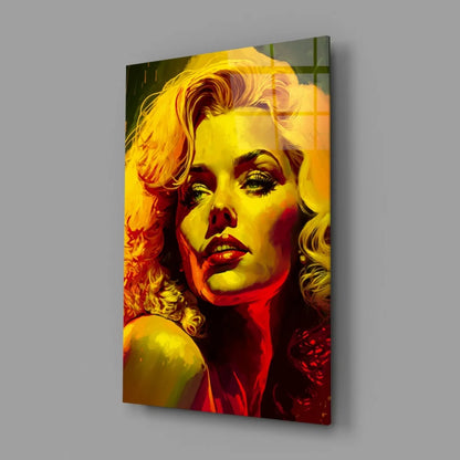 Vibrant pop-art Marilyn Monroe glass wall art in bold yellow and red