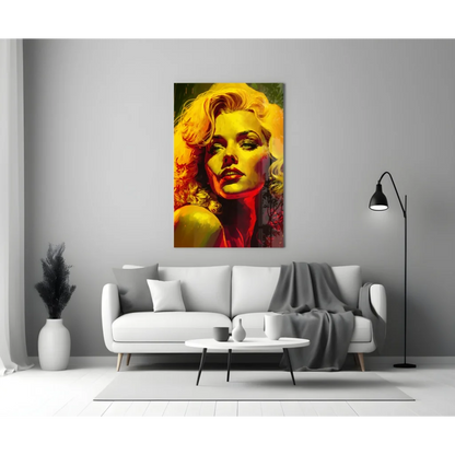 Vibrant pop art portrait of Marilyn Monroe in bold yellow red on canvas wall art