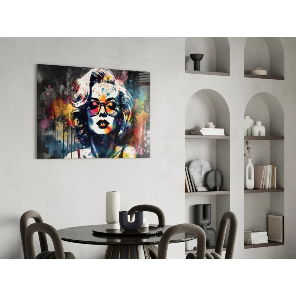 Vibrant abstract glass wall art portrait of stylized woman in bold sunglasses
