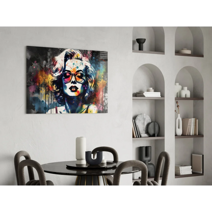 Vibrant abstract glass wall art portrait of stylized woman in bold sunglasses