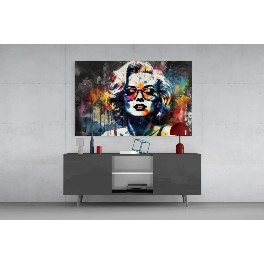 Vibrant abstract glass wall art portrait of blonde woman in sunglasses