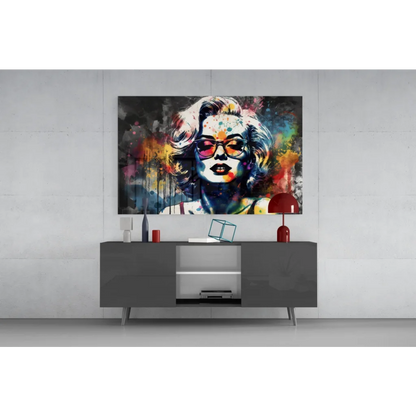 Vibrant abstract glass wall art portrait of blonde woman in sunglasses