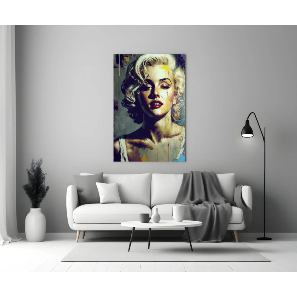 Vibrant Marilyn Monroe graffiti glass wall art in modern living room