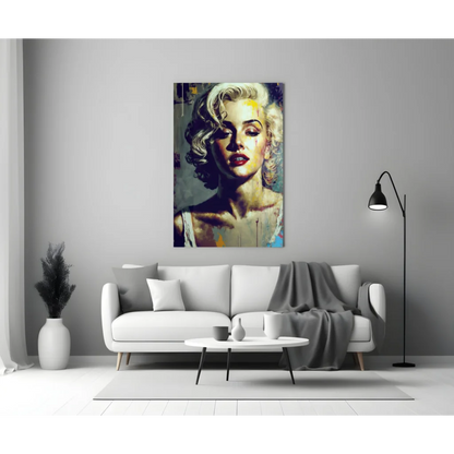 Vibrant Marilyn Monroe graffiti glass wall art in modern living room