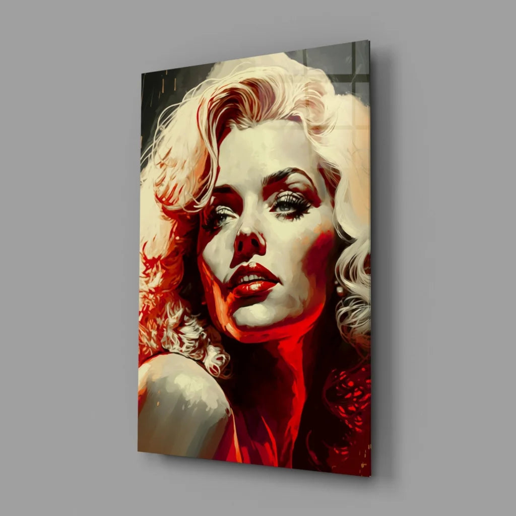 Vibrant pop art Marilyn Monroe glass wall piece in red cream tones