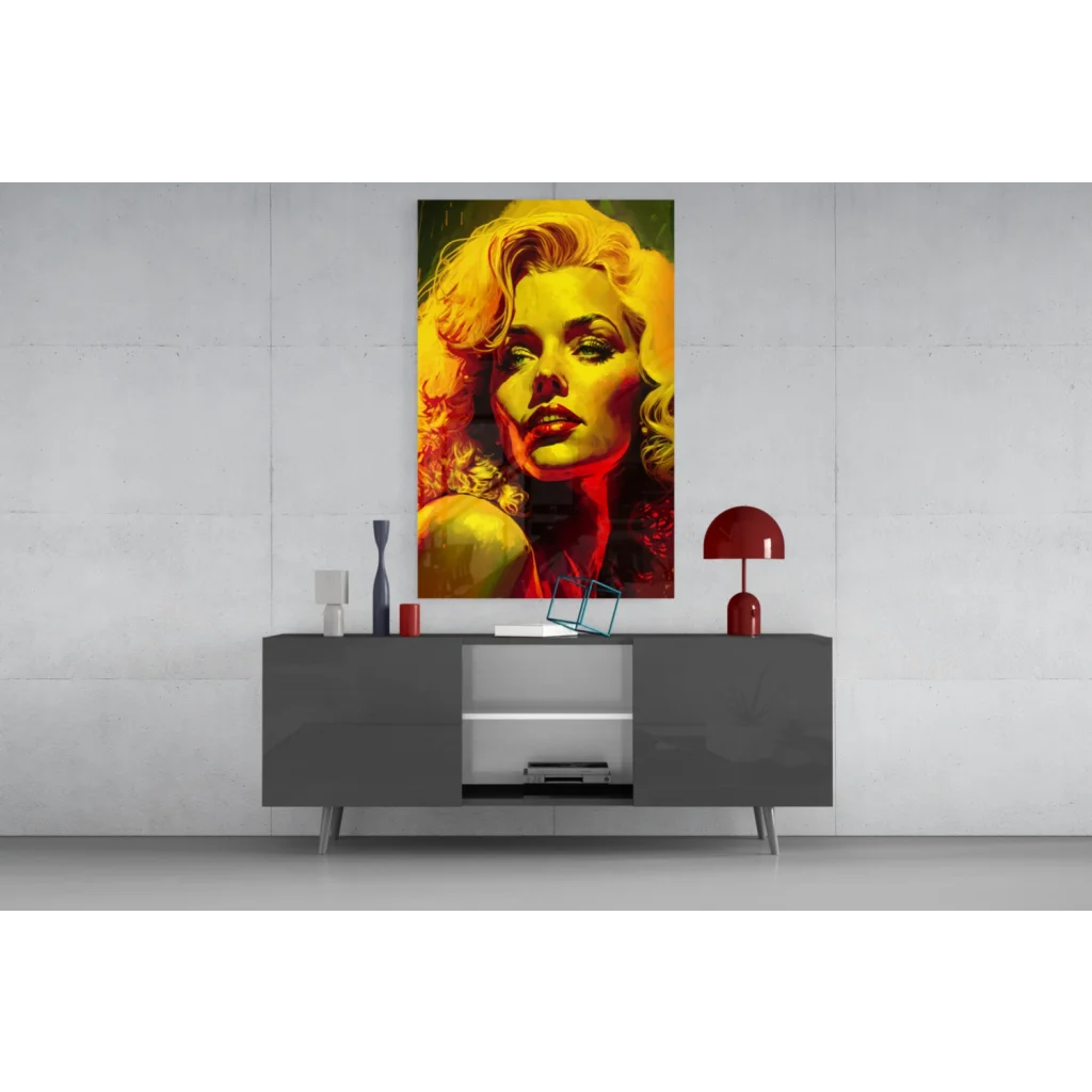 Vibrant Marilyn Monroe pop art glass wall art with golden curls and red accents