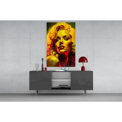 Vibrant Marilyn Monroe pop art glass wall art with golden curls and red accents