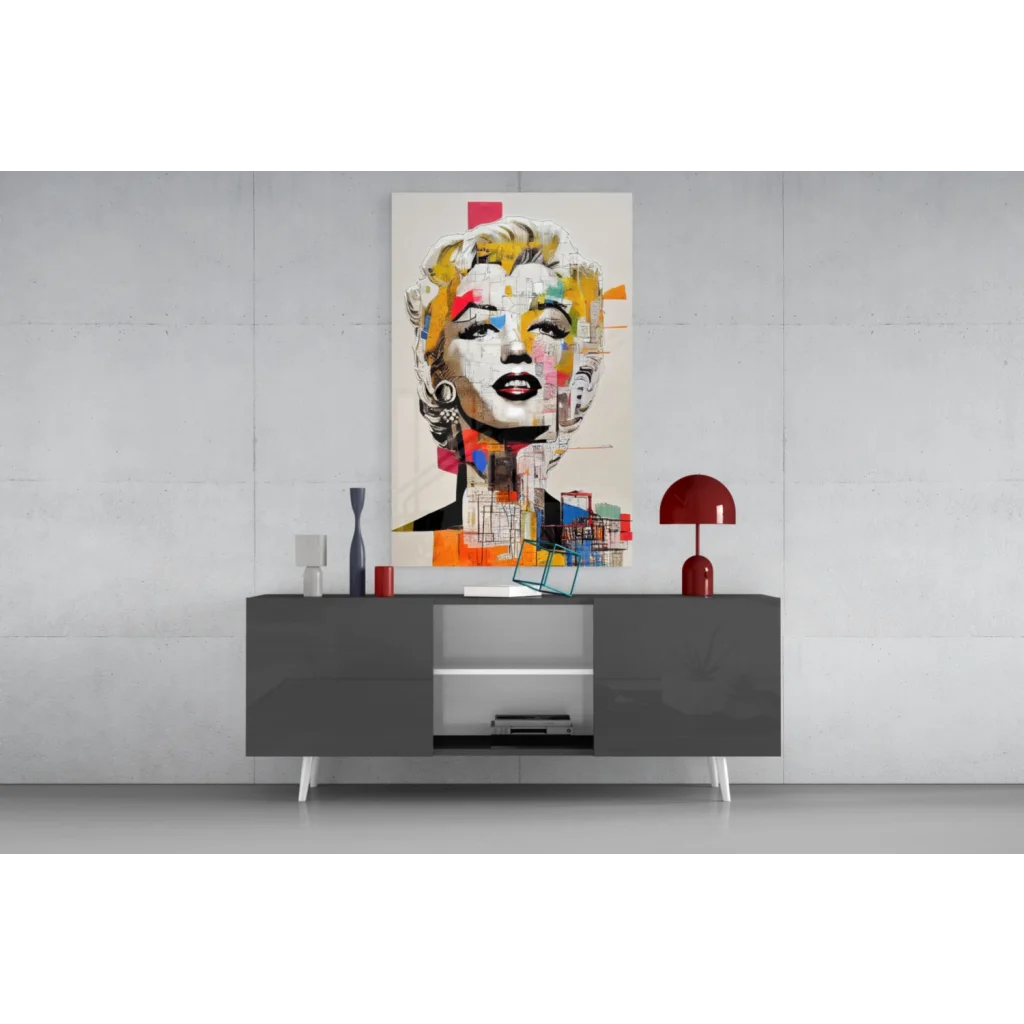 Vibrant Marilyn Monroe pop art canvas wall art with bold geometric colors