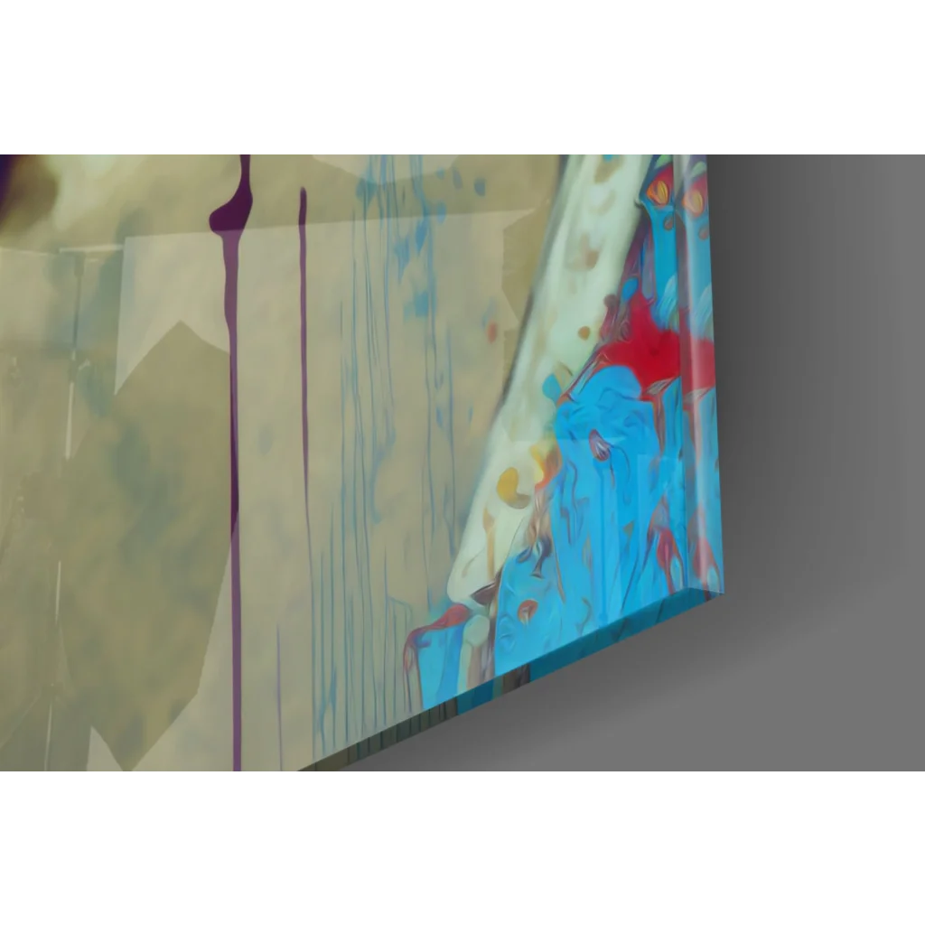 Marilyn Monroe glass wall art with purple blue red drips on beige