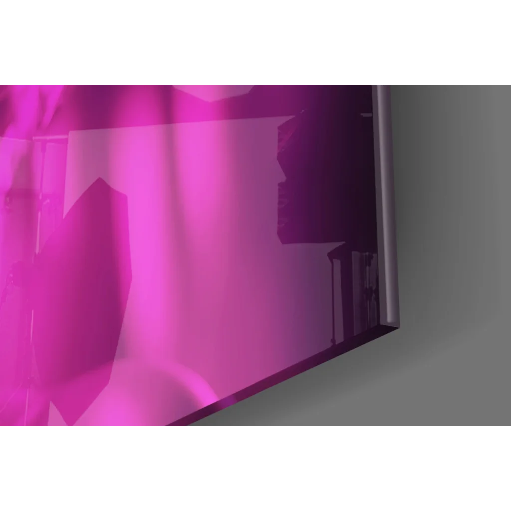 Sleek modern glass wall art print with vibrant pink gradient screen and slim silver bezel