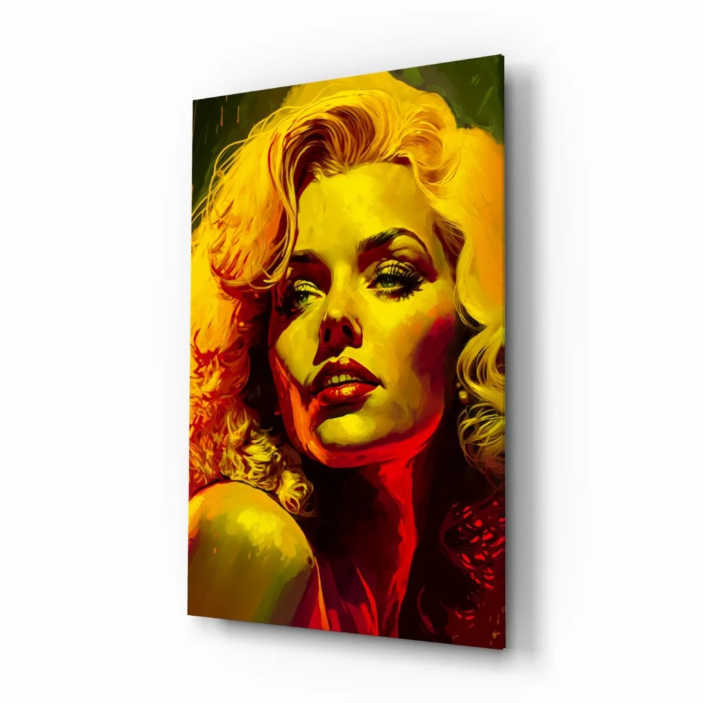 Vibrant pop art portrait of Marilyn Monroe on bold yellow red canvas wall art