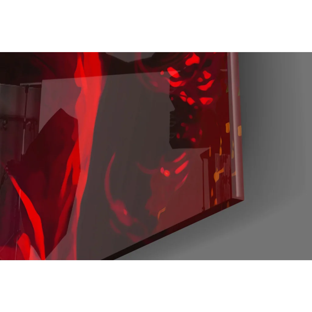 Sleek red-lit digital glass wall art with abstract patterns in Marilyn Monroe pop style