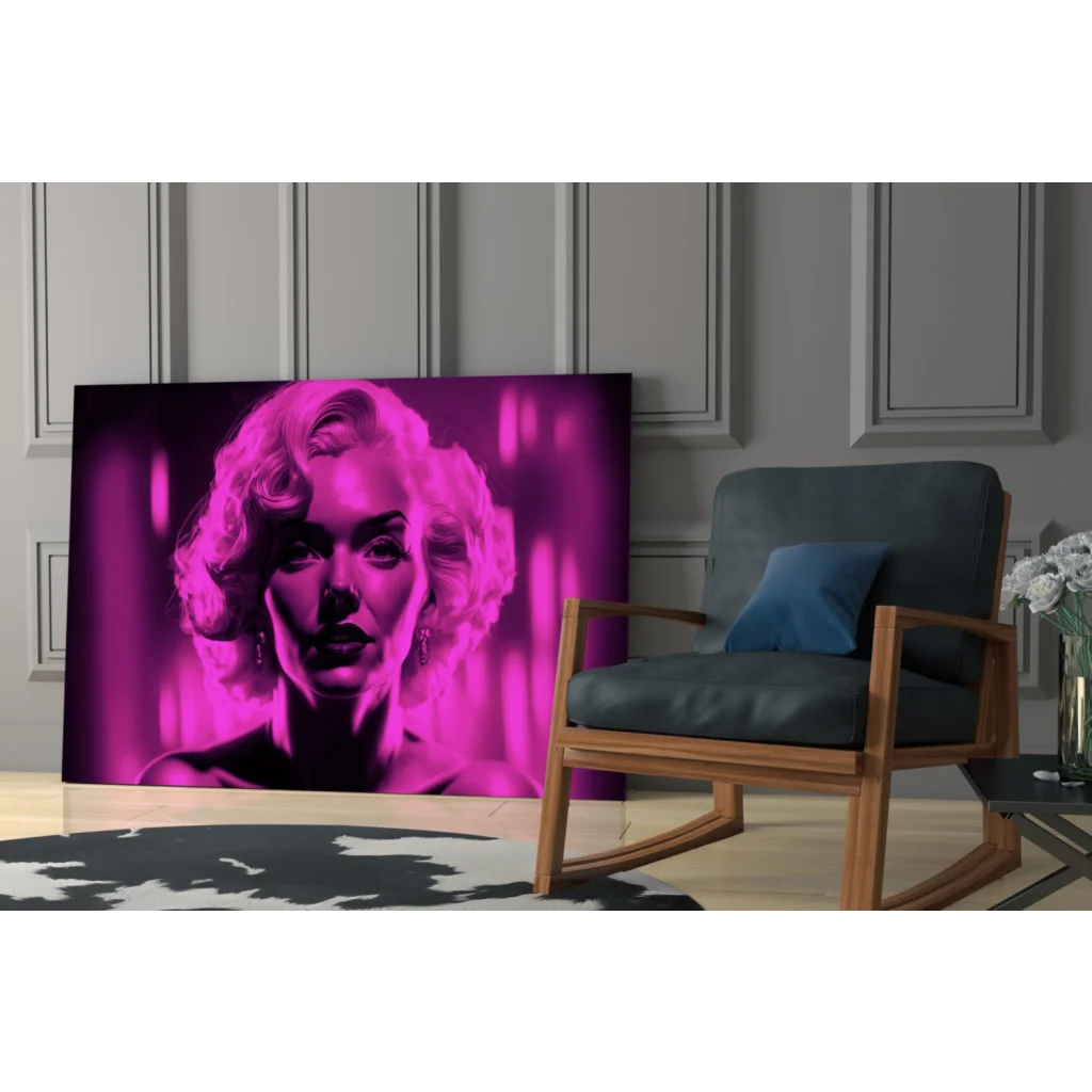 Vibrant magenta glass wall art of Marilyn Monroe portrait with curls