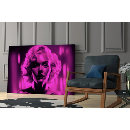 Vibrant magenta glass wall art of Marilyn Monroe portrait with curls
