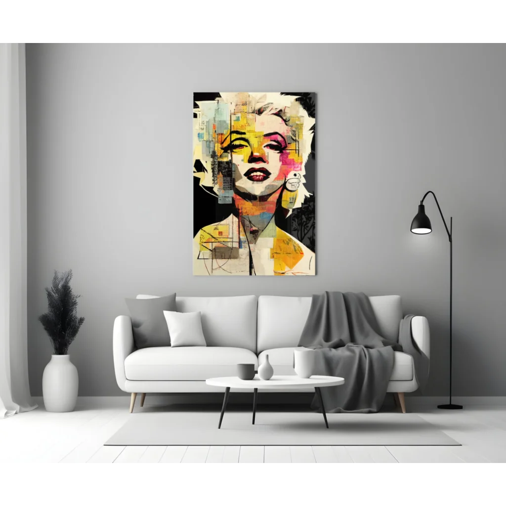 Stylized Marilyn Monroe pop art canvas wall art in bold yellow pink