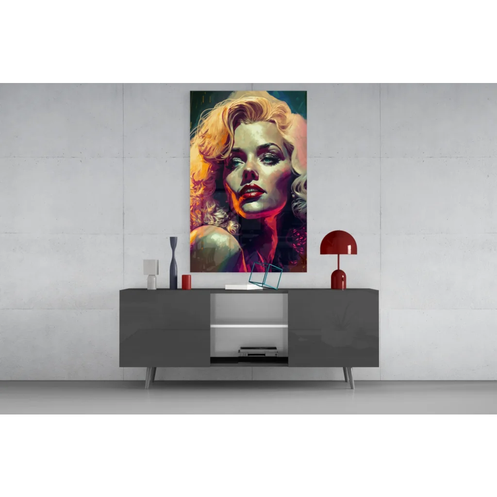 Vibrant pop art portrait of glamorous blonde with bold red lips on canvas wall art