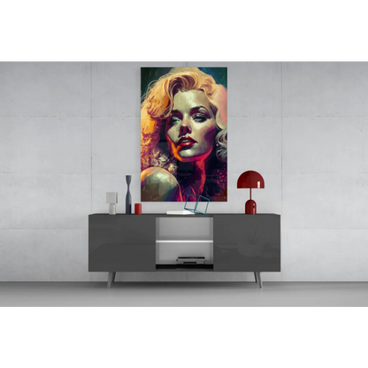 Vibrant pop art portrait of glamorous blonde with bold red lips on canvas wall art