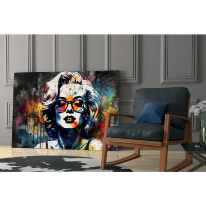 Vibrant abstract glass wall art portrait of blonde woman in sunglasses