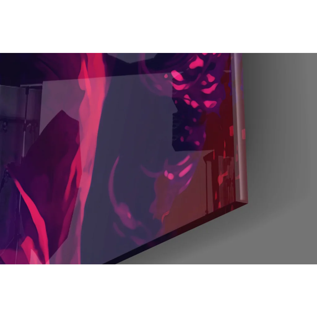 Vibrant pink purple Marilyn Monroe glass wall art on sleek display