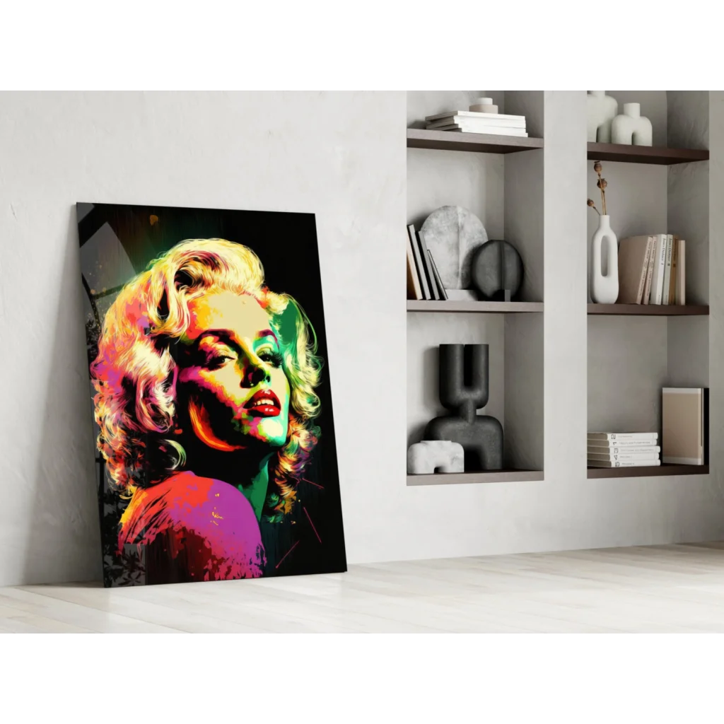 Neon Marilyn Monroe pop art glass wall masterpiece with vibrant hair and red lips