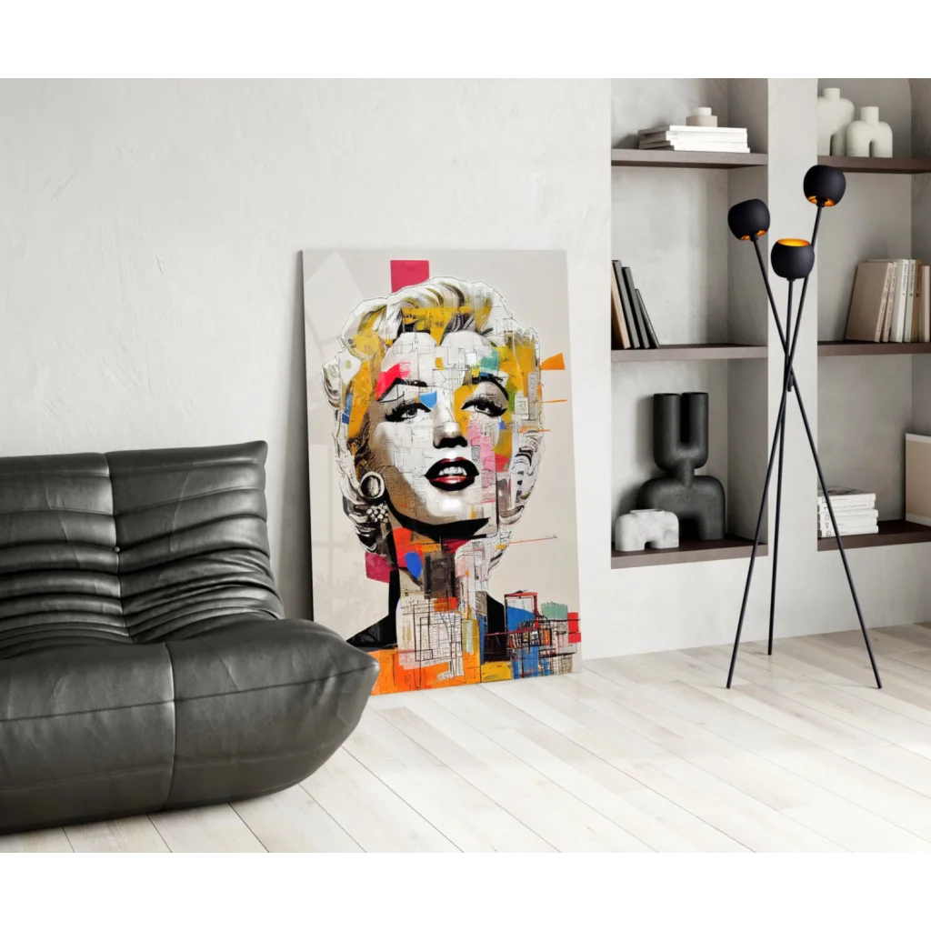 Vibrant Marilyn Monroe pop art canvas wall art with bold yellow orange geometric accents