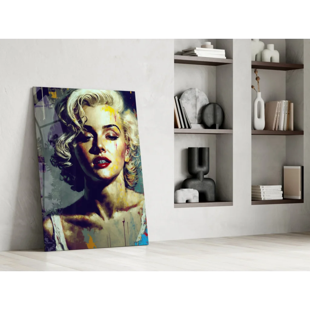Vibrant Marilyn Monroe glass wall art print in pop graffiti style