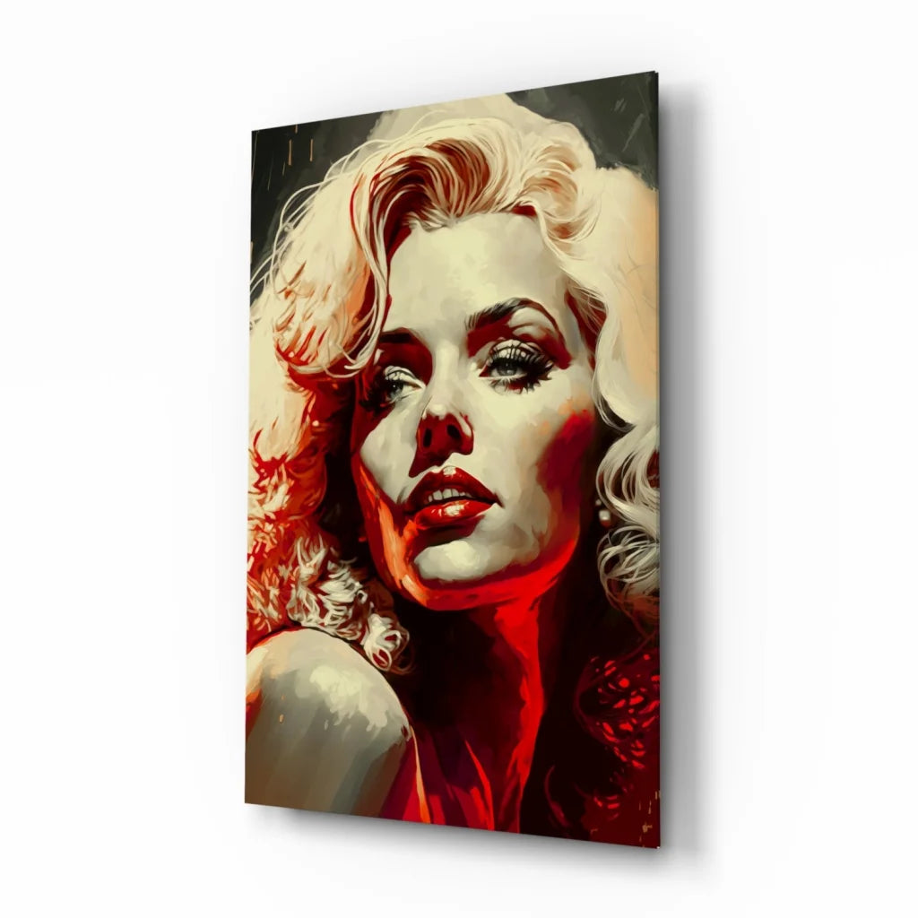 Stylized Marilyn Monroe glass wall art with blonde curls and red lighting