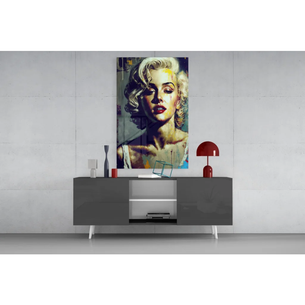 Vibrant pop-art Marilyn Monroe glass wall art with blonde curls, red lips