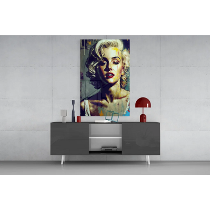Vibrant pop-art Marilyn Monroe glass wall art with blonde curls, red lips