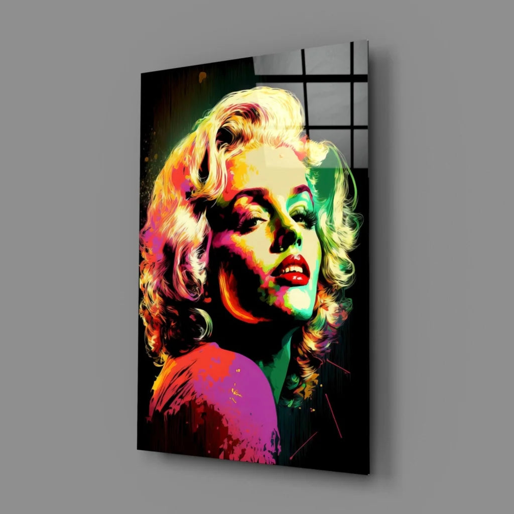 Vibrant neon Marilyn Monroe pop art on glossy glass wall