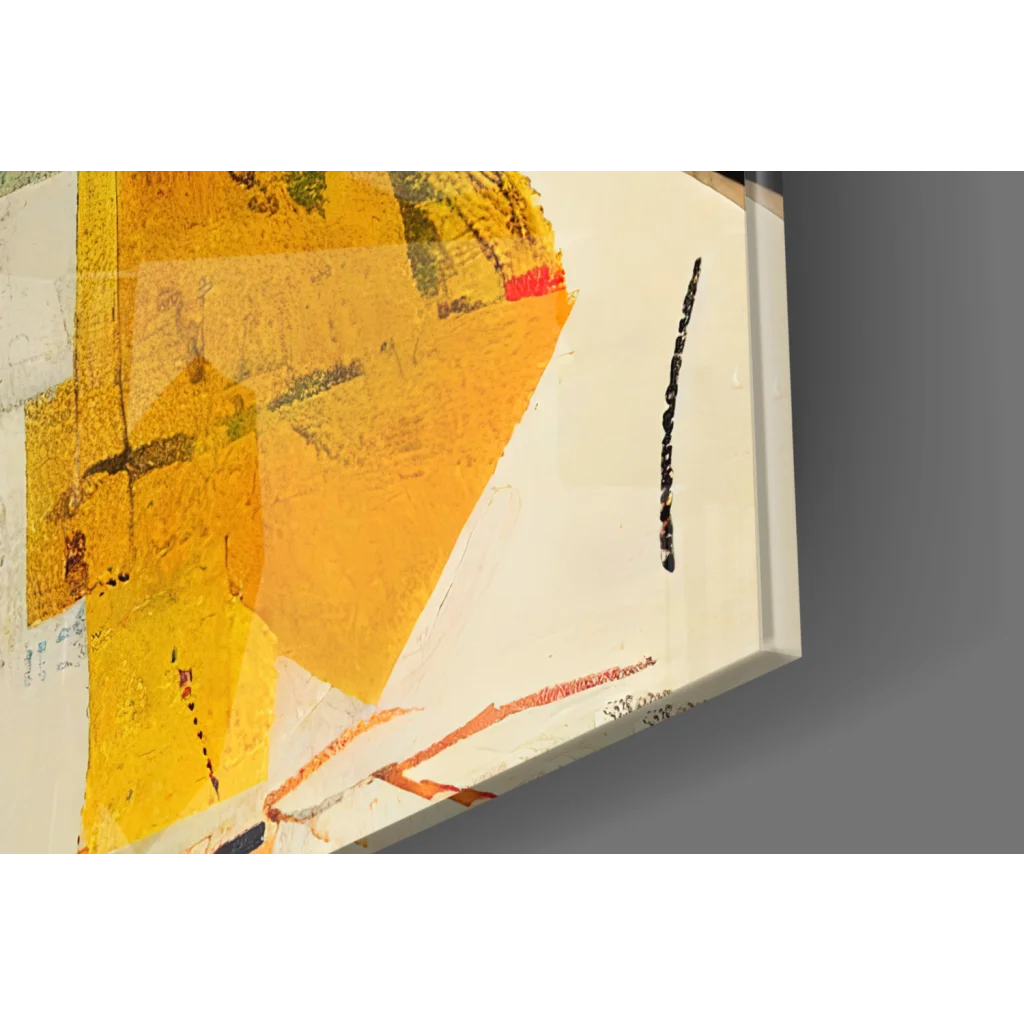 Bold yellow orange geometric pop art wall art of Marilyn Monroe on cream canvas