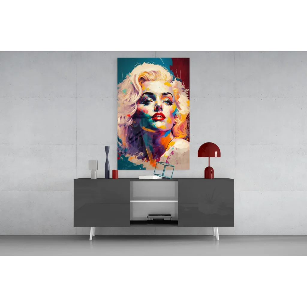 Vibrant pop art canvas wall art of Marilyn Monroe in teal, purple, orange, yellow