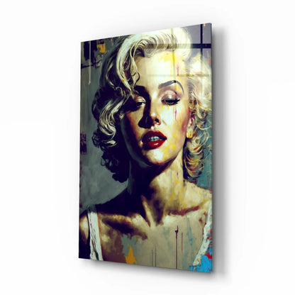 Stylized Marilyn Monroe glass wall art with blonde curls and red lips