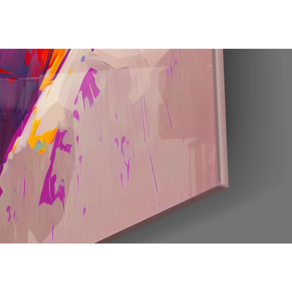 Vibrant abstract glass wall art with purple, orange, yellow splashes on pink