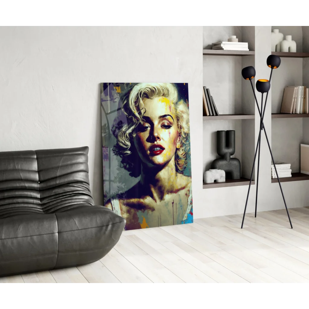 Vibrant pop art Marilyn Monroe glass wall art with bold lips and curls