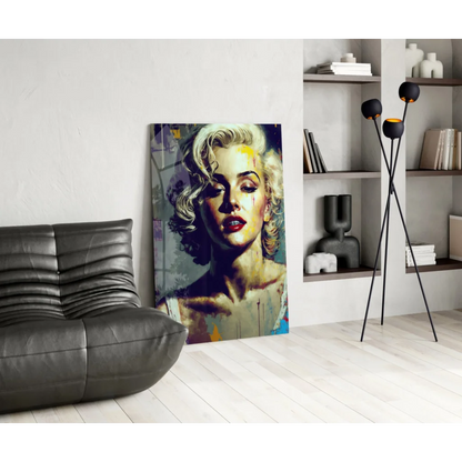 Vibrant pop art Marilyn Monroe glass wall art with bold lips and curls