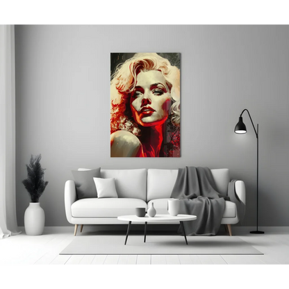 Vibrant pop art Marilyn Monroe glass wall art with blonde curls and red accents on gray wall