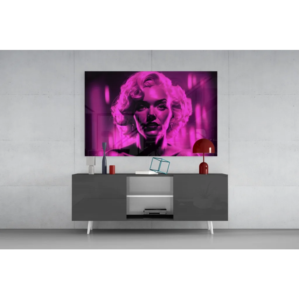 Vibrant magenta Marilyn Monroe portrait on glass wall art