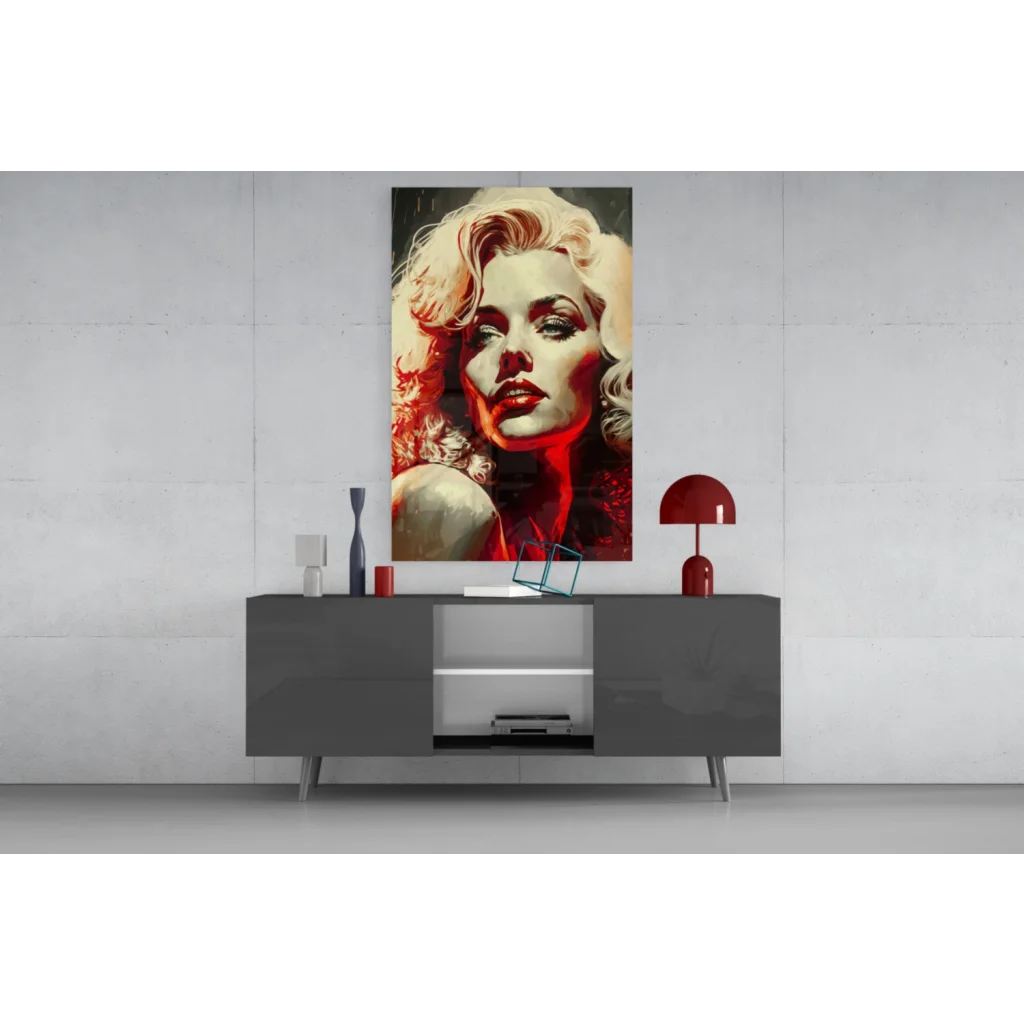 Vibrant pop-art Marilyn Monroe glass wall art with blonde curls and red accents on gray console